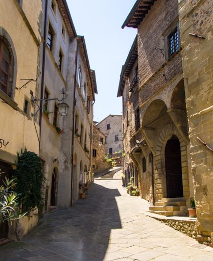 A vertical shot of a pathway surrounded by buildings in Tuscany, Italy