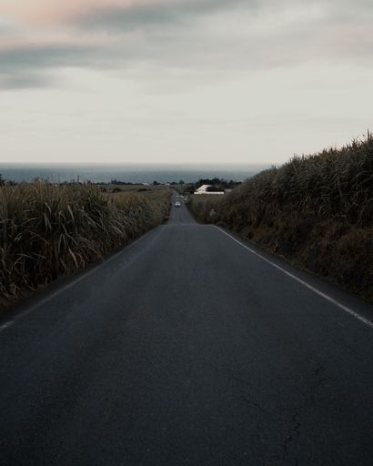 A vertical shot of an asphalt road through a grass field under a cloudy sky