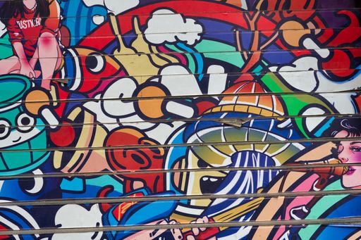 A beautiful view of simple and abstract graffits in the stairs from the Wangjing area in Beijing