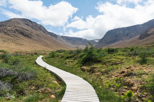 Boardwalk in the Tablelands, Gros Morne National Park, Newfoundland and Labrador, Canada.