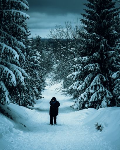 A vertical shot of a person standing on a snowy day between forest trees in winter