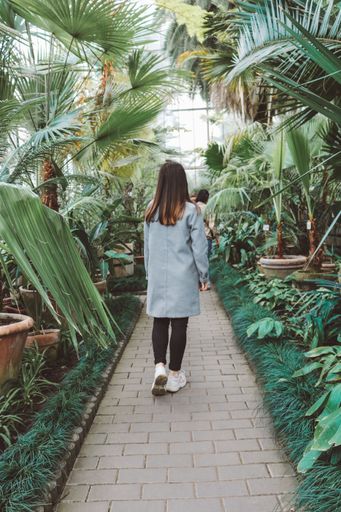 A vertical shot of a lady walking in an indoor botanical garden