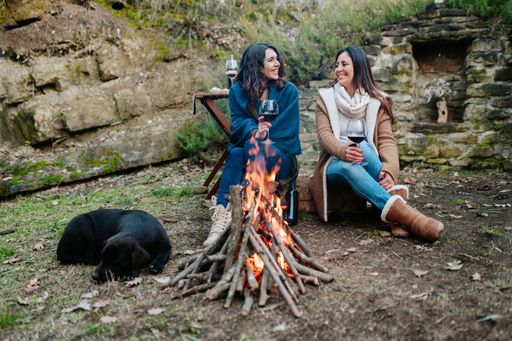 The young happy woman enjoying time near a campfire with a glass of wine with their dog