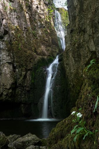 A beautiful waterfall with long exposure cascading in a forest in the daylight