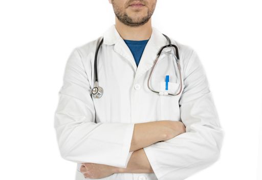 A closeup of a professional doctor with his arms crossed on white back