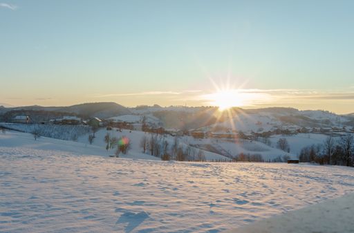 A peaceful view of snow-covered houses and trees near a mountain during  winter
