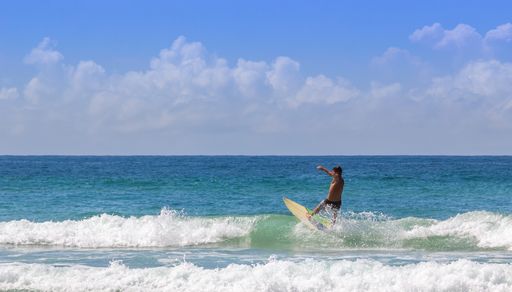 A surfer on beautiful sea waves on a sunny day