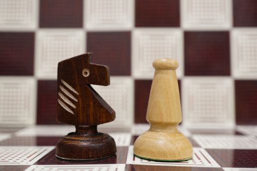 A close-up shot of a wooden black Knight and white wooden Bishop on the chess board