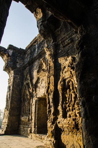 A vertical shot of the ruins of the Martand Sun Temple in India
