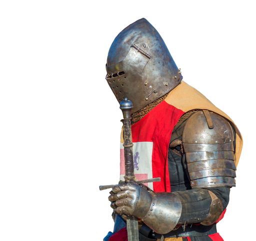 A Spanish medieval knight with a metal helmet holding a sword  isolated on a white background