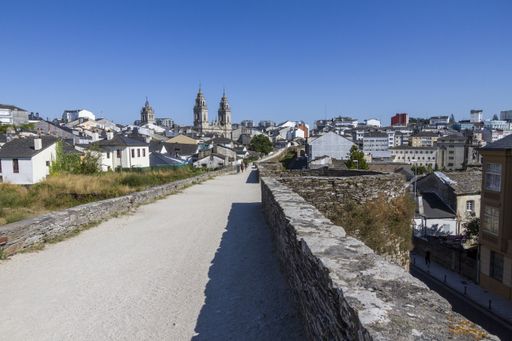 A shot of a road in a residential area with different buildings in Lugo, Spain