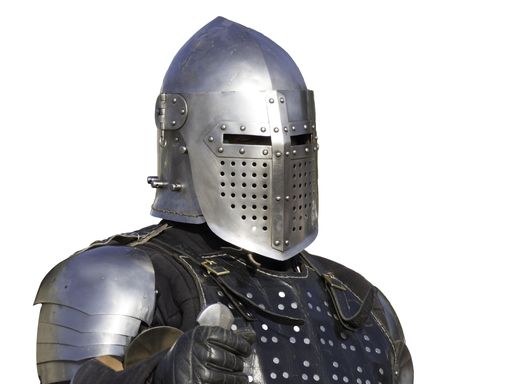 A Portuguese medieval knight with a helmet isolated on a white background