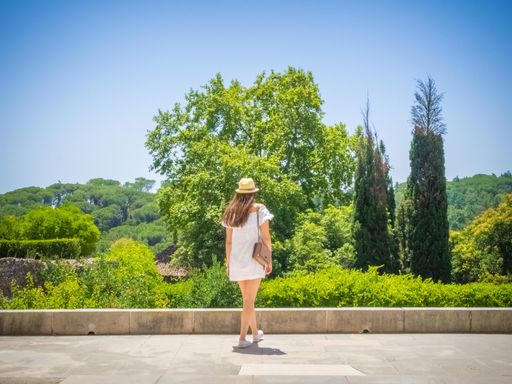 A young female in a white dress walking in a park enjoying the beautiful view of a green forest