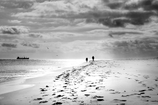 A grayscale shot of a couple walking along the coast under a cloudy sky