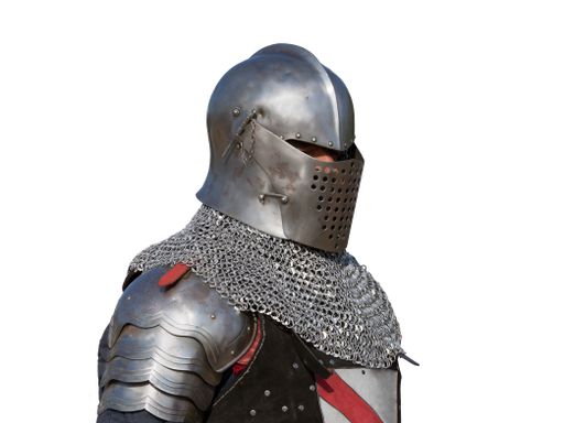 A side view of a Portuguese medieval knight with a helmet isolated on a white background