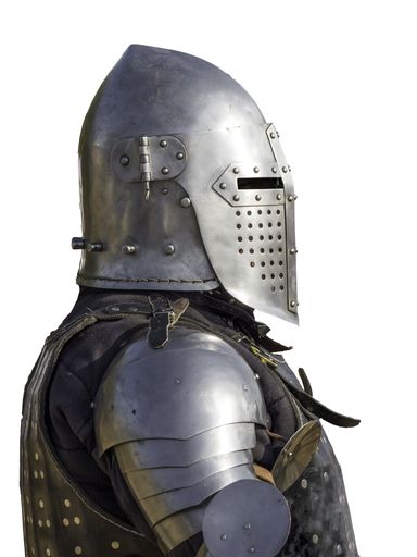A side view of a Portuguese medieval knight with a helmet isolated on a white background