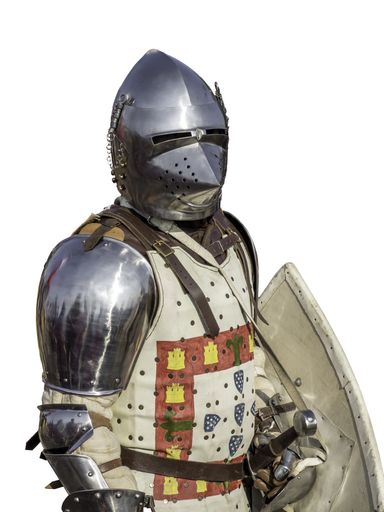 A Spanish medieval knight with a helmet and a shield isolated on a white background