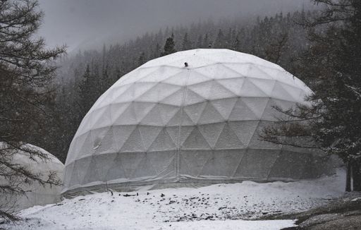 The geodesic domes in a winter forest