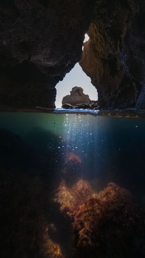 A vertical shot of underwater coral reefs and coastal rock seen from a cave