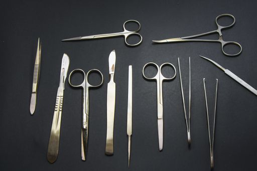 A closeup of a stainless dissection kit on a black surface