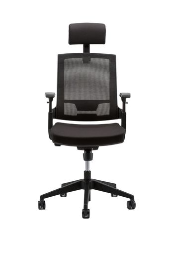 A vertical front view of black office chair with headrest isolated on white background