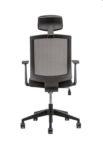 A vertical rear view of black office chair with headrest isolated on white background