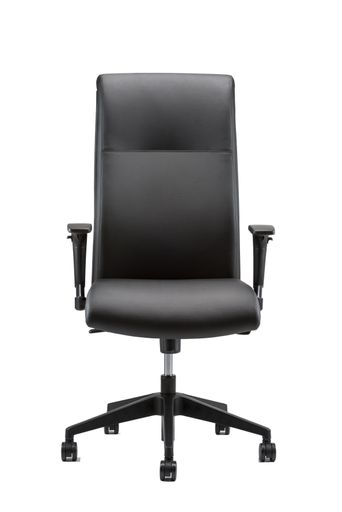 A vertical partial side view of black office chair isolated on white background