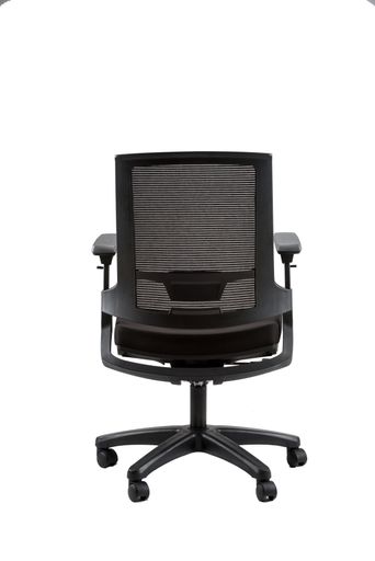 A vertical rear view of black office chair isolated on white background