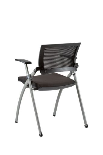 A vertical partial rear view of black office chair isolated on white background