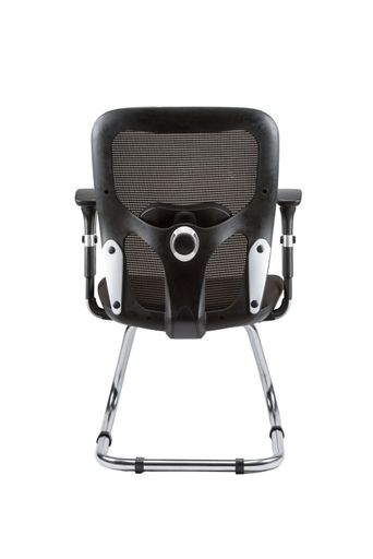 A vertical rear view of black office chair isolated on white background