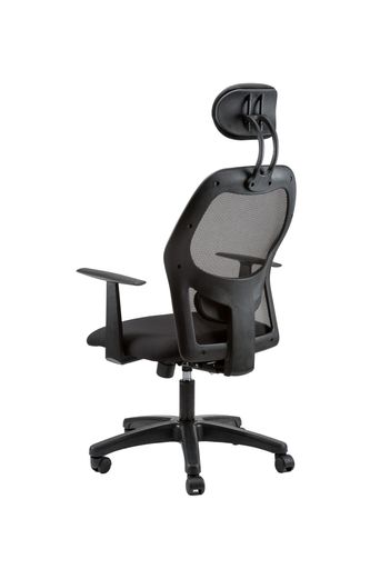 A vertical partial rear view of black office chair with headrest isolated on white background