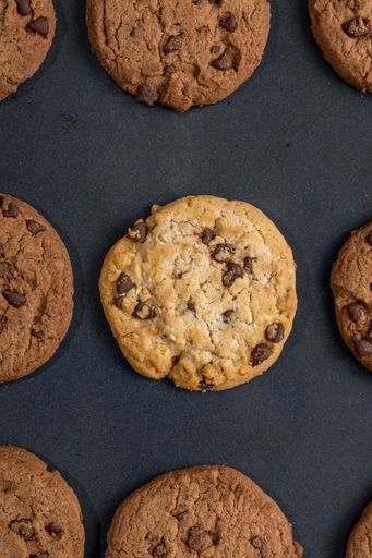 A top view of chocolate chip cookies on a baking pan