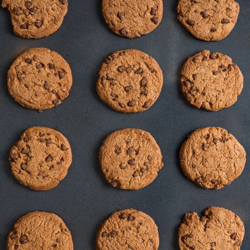 A top view of chocolate chip cookies on a baking pan