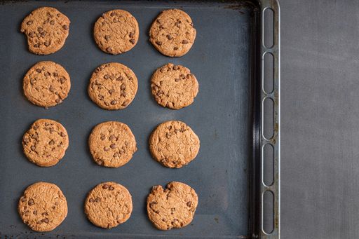 A top view of chocolate chip cookies on a baking pan