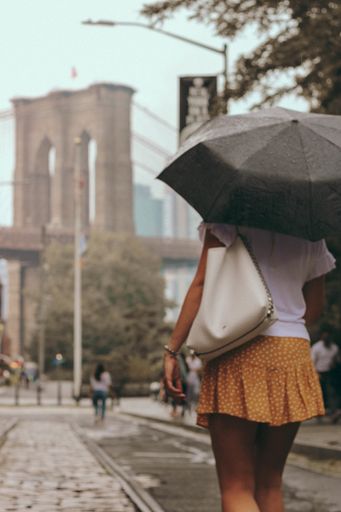 A vertical shot of a woman with an umbrella walking in New York streets