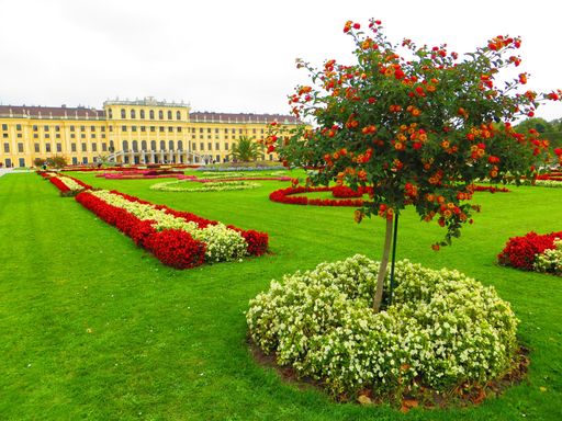 A wide angle shot of the Schönbrunner Schloss Park in Austria full of trees, grass and multicolored flowers