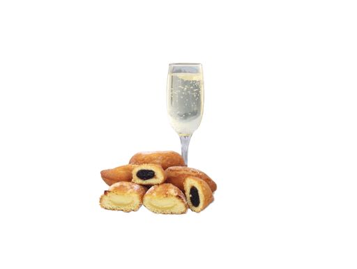 A closeup shot of traditional carnival sweet round treats with champagne  isolated on a white background