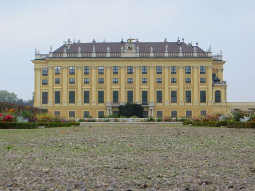 A wide angle shot of the Schonbrunn Palace in Vienna, Austria