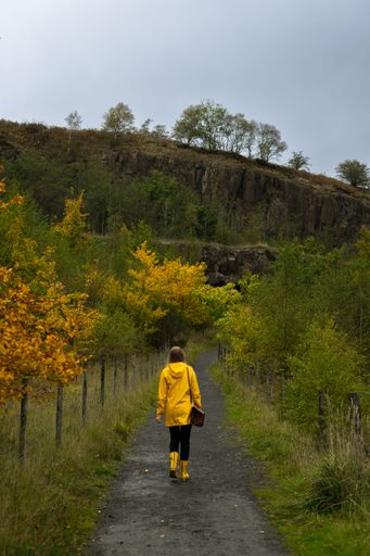 A vertical back view of a female walking in a park wearing a yellow raincoat