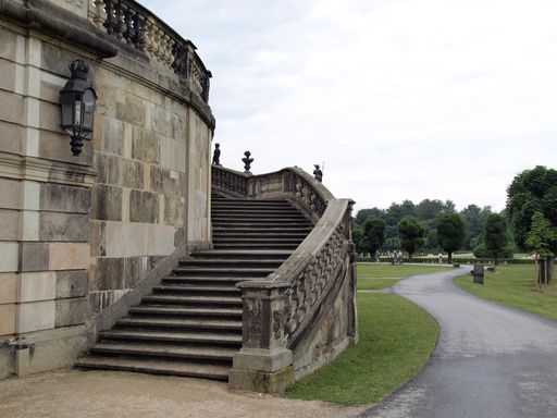 The famous staircase of Moritzburg Castle with a pathway leading to the beautiful scenery, Germany