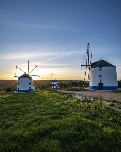 A vertical shot of windmills with a sunrise in a clear blue sky in the background
