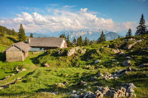 Kohler Alm mountain hut near Inzell, bavarian alps, Chiemgau, with view towards Berchtesgaden alps