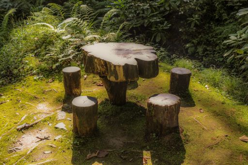 A high angle shot of an outdoor table with chairs made of wooden trunks