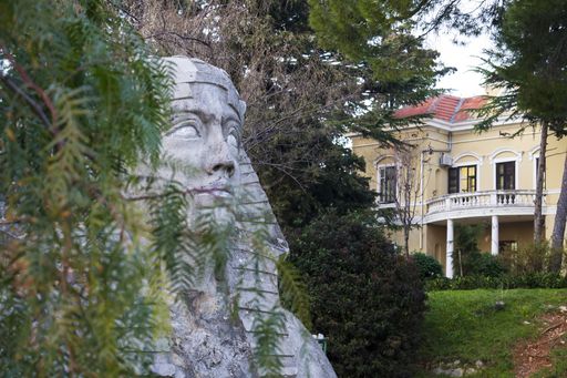 A photo of the face of a Sphynx surrounded by tree branches in a public park in Zadar Croatia