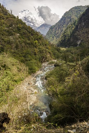 A vertical shot of a river flowing in the mountain against the cloudy sky