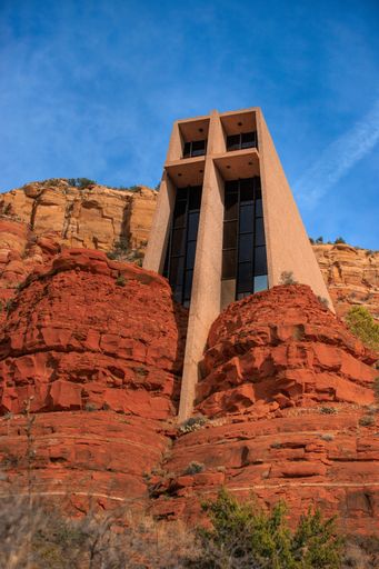 The Chapel of the Holy Cross between red rocks in Sedona