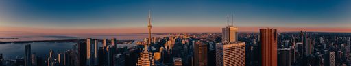 A cinematic panorama of a beautiful sunrise in Toronto