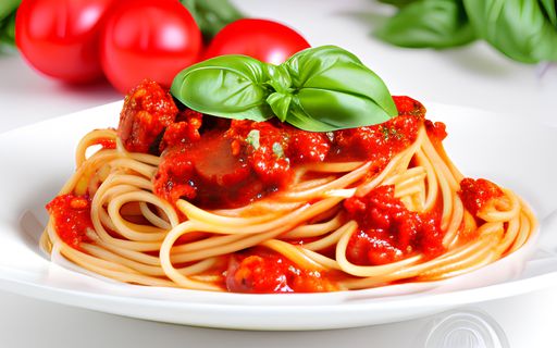 A white plate with a helping of spaghetti topped with a freshly cut green tomato, an ideal Italian-style meal