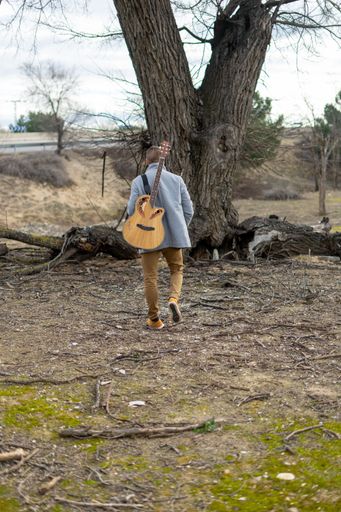 A vertical shot of a back of a man with a guitar in the park.