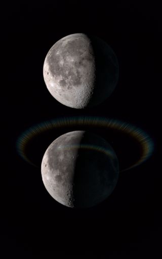 A vertical shot of two full moons in the night sky